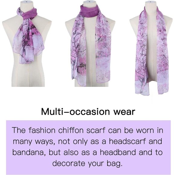 Women's Green+purple Fashion Lightweight Head Scarf Floral Print Chiffon Scarves - Picture 5 of 7